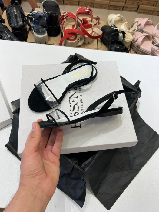 Sandale cu talpa joasa, din piele intoarsa neagra si plastic transparent [2]