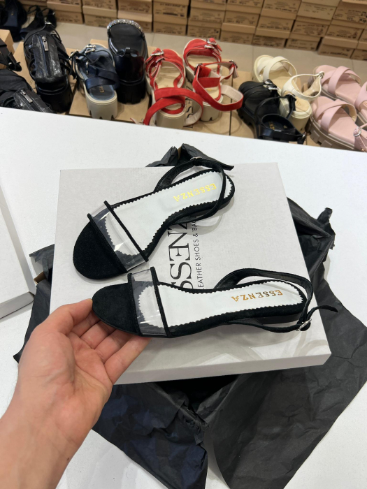 Sandale cu talpa joasa, din piele intoarsa neagra si plastic transparent [3]