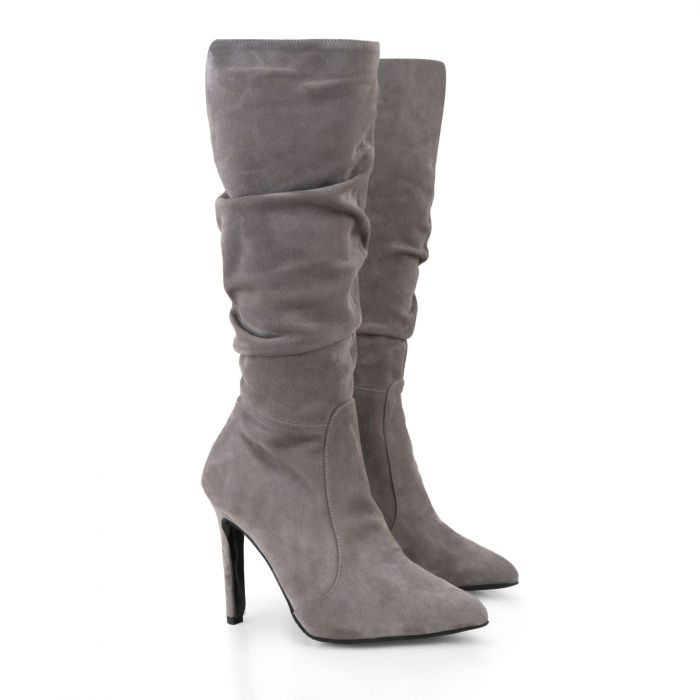 Cizme stiletto, cu pliuri, din piele intoarsa gri [2]