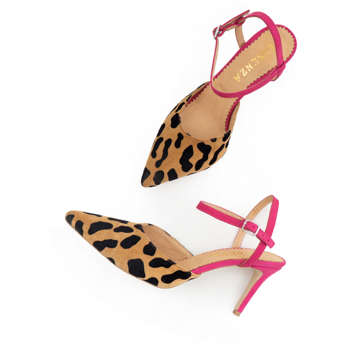 Pantofi stiletto cu barete de sustinere la calacai, din piele inaturala nabuc roz si leopard [3]