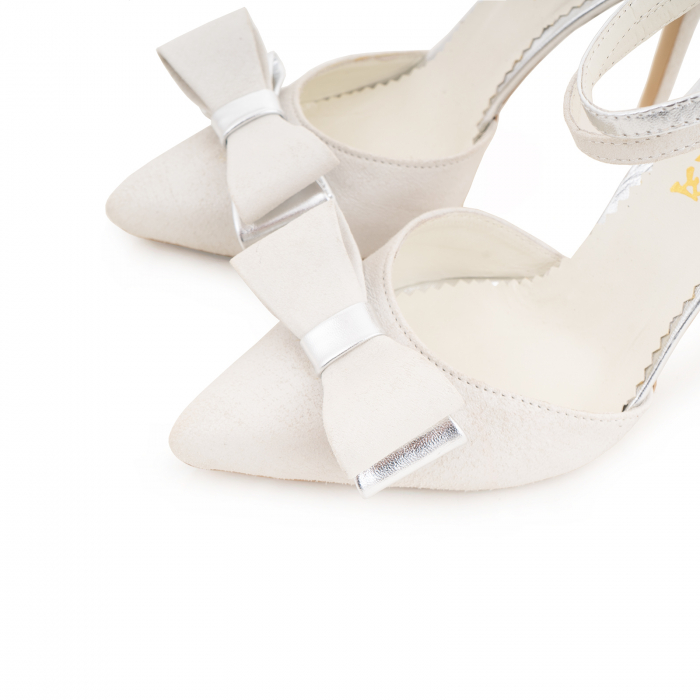 Pantofi stiletto cu funda dubla, din piele naturala intoarsa bej si auriu argintie [4]