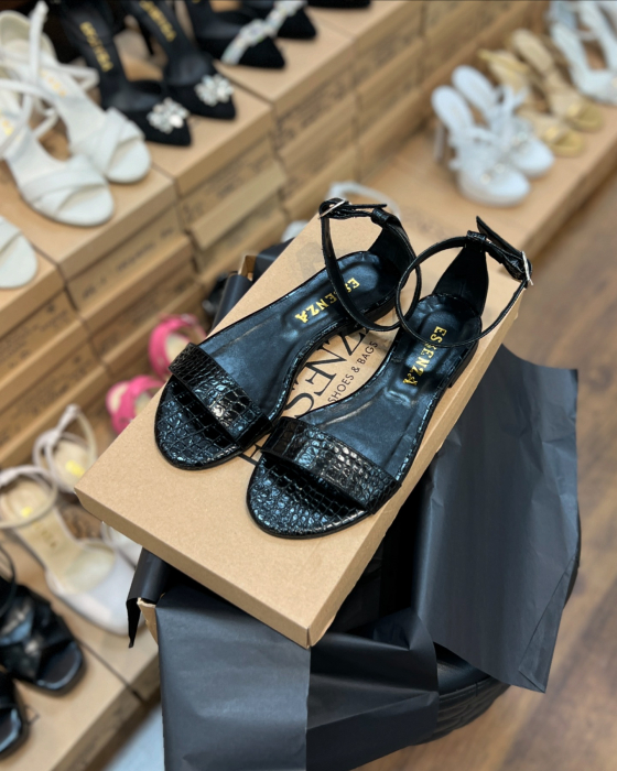 Sandale din piele naturala neagra, cu presaj croco [3]