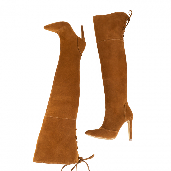 Cizme stiletto peste genunchi, din piele intoarsa maron roscat, toc 10 cm [3]
