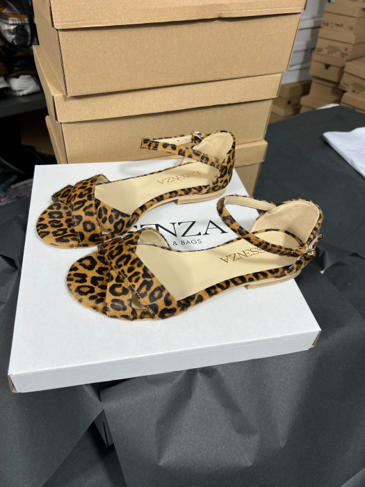 Sandale cu talpa joasa, cu barete suprapuse, din piele naturala animal print. [2]
