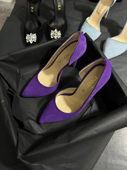 Pantofi stiletto, cu decupaj interior, din piele naturala intoarsa mov [2]