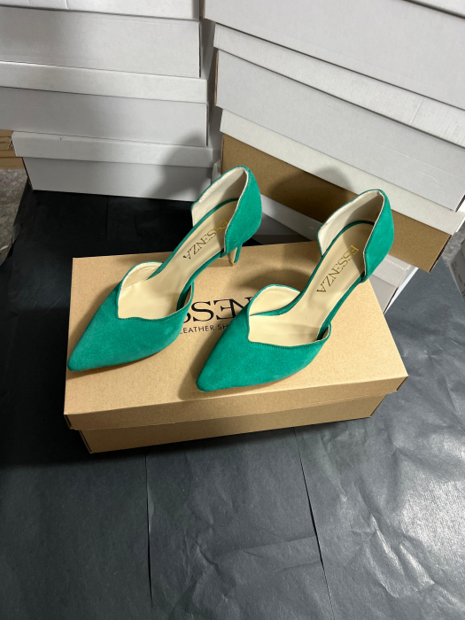 Pantofi stiletto decupati, din piele naturala intoarsa verde [6]