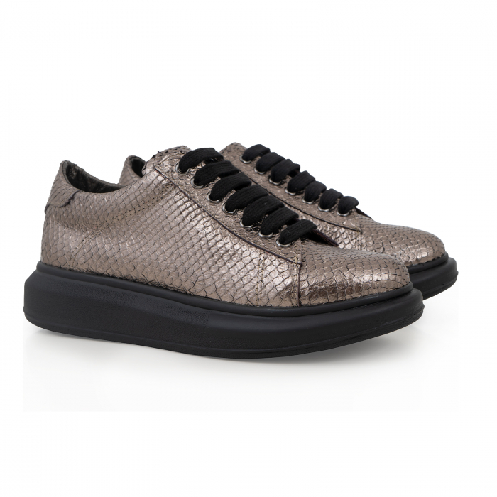 Pantofi cu talpă groasă, realizati din piele naturala, bronz laminat cu textura tip piele de sarpe [2]