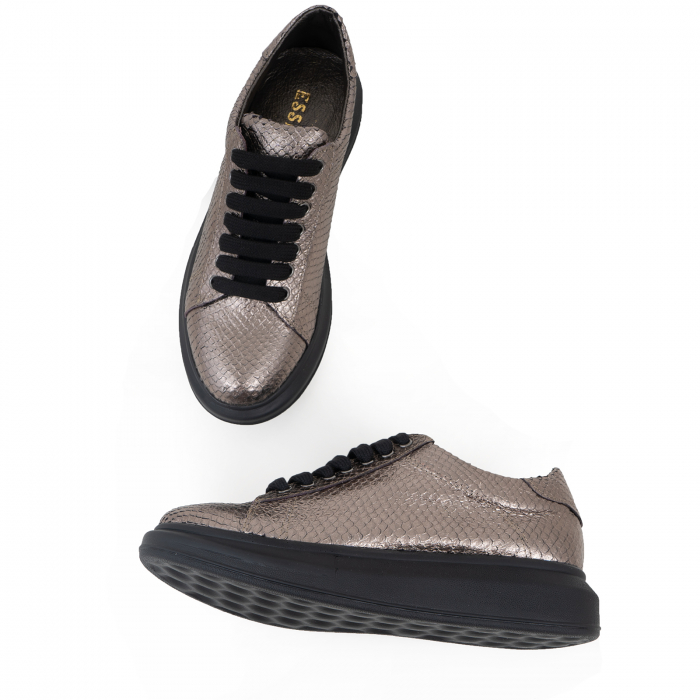 Pantofi cu talpă groasă, realizati din piele naturala, bronz laminat cu textura tip piele de sarpe [4]