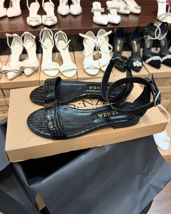 Sandale din piele naturala neagra, cu presaj croco [4]