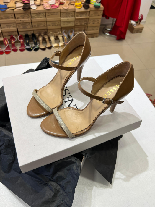Sandale din piele naturala maro box, cu toc stiletto si staif inchis la calcai [2]