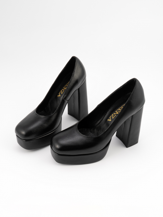Pantofi din piele naturala, neagra, cu toc gros, varf patrat [3]