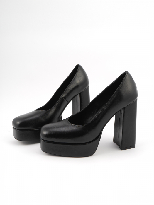 Pantofi din piele naturala, neagra, cu toc gros, varf patrat [8]