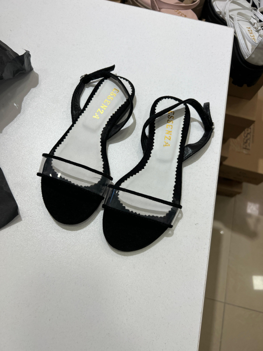 Sandale cu talpa joasa, din piele intoarsa neagra si plastic transparent [1]