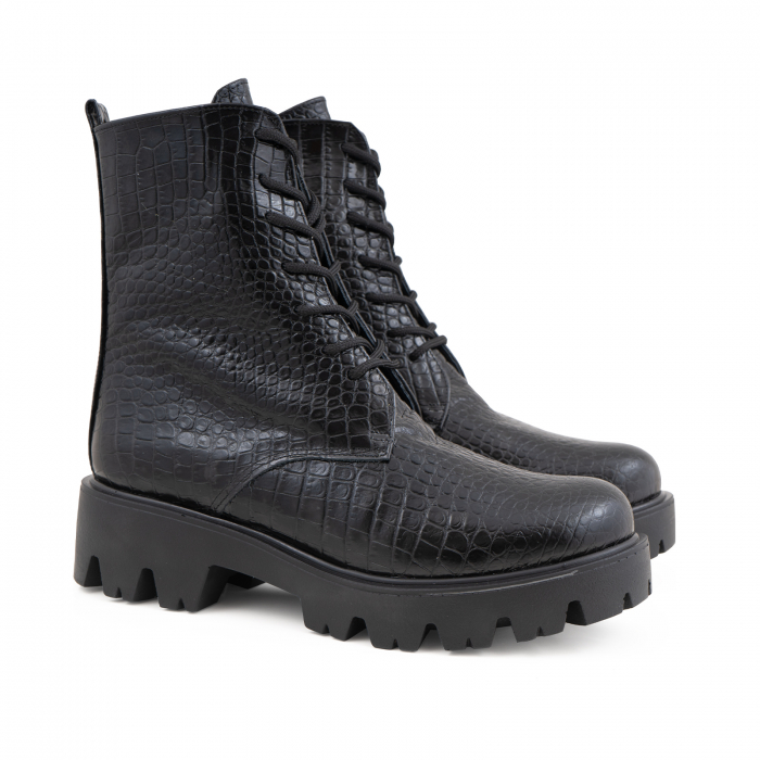 Bocanci cu siret, din piele naturala neagra, cu aspect tip croco [2]