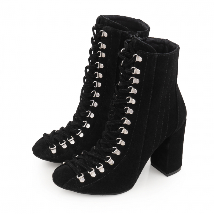 Botine  cu siret si capse metalice, din piele naturala intoarsa neagra [3]