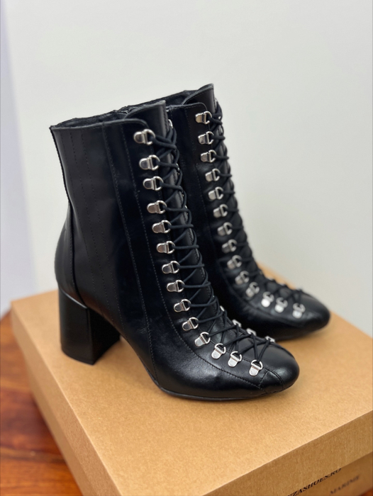 Botine cu siret si capse metalice, din piele naturala neagra toc patrat [2]