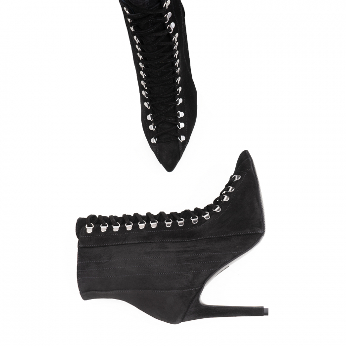 Botine Stiletto cu siret si capse metalice, din piele intoarsa neagra [3]