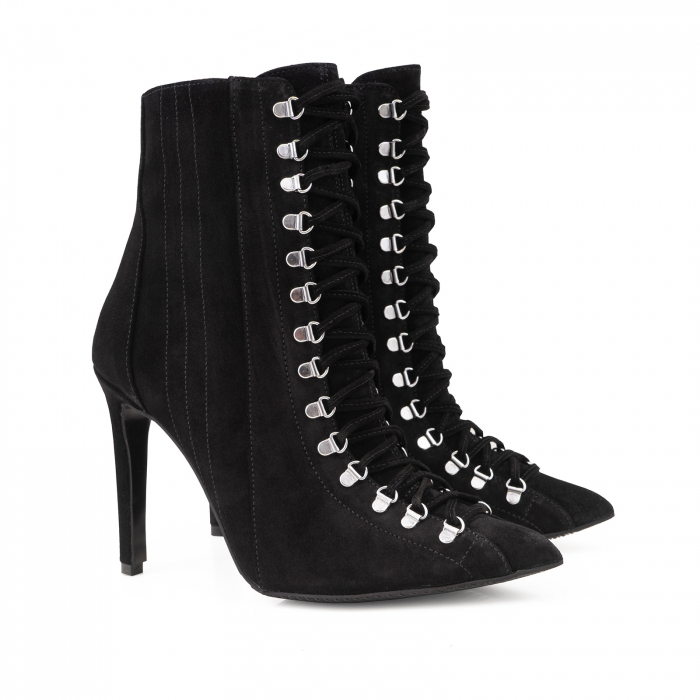 Botine Stiletto cu siret si capse metalice, din piele intoarsa neagra [2]