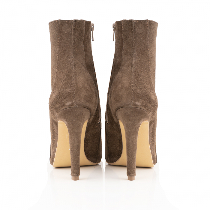 Botine Stiletto cu siret si capse metalice, din piele intoarsa taupe [4]