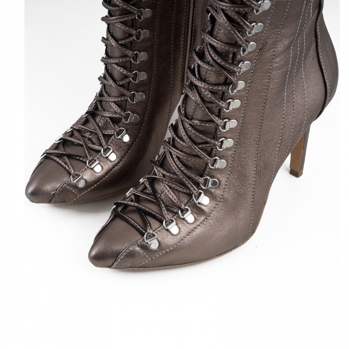 Botine Stiletto cu siret si capse metalice, din piele laminata, bronz [4]