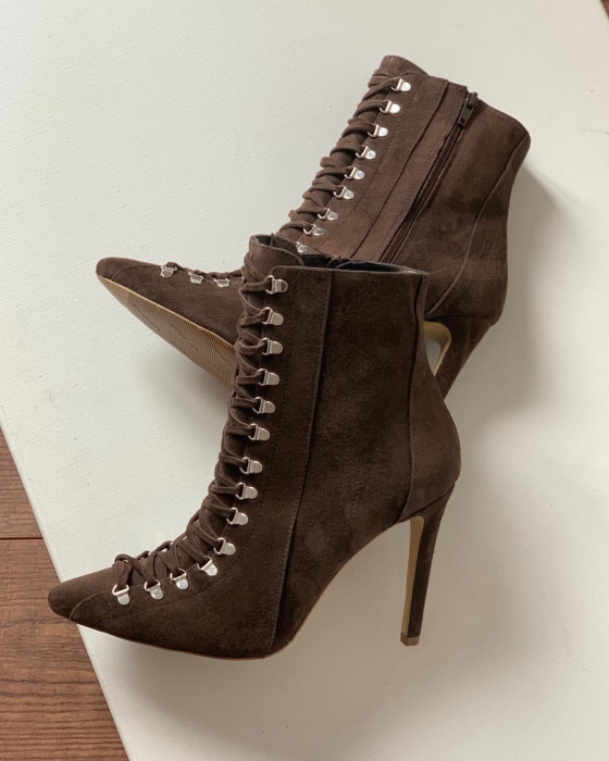 Botine Stiletto cu siret si capse metalice, din piele naturala intoarsa maron cafeniu - Copie [3]