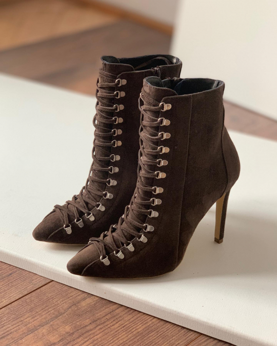 Botine Stiletto cu siret si capse metalice, din piele naturala intoarsa maron cafeniu [2]