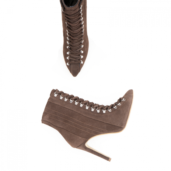 Botine Stiletto cu siret si capse metalice, din piele naturala intoarsa maron cafeniu [3]