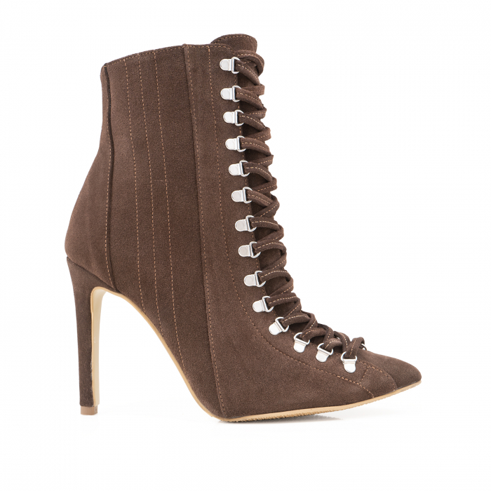 Botine Stiletto cu siret si capse metalice, din piele naturala intoarsa maron cafeniu [5]