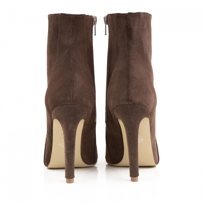 Botine Stiletto cu siret si capse metalice, din piele naturala intoarsa maron cafeniu [4]