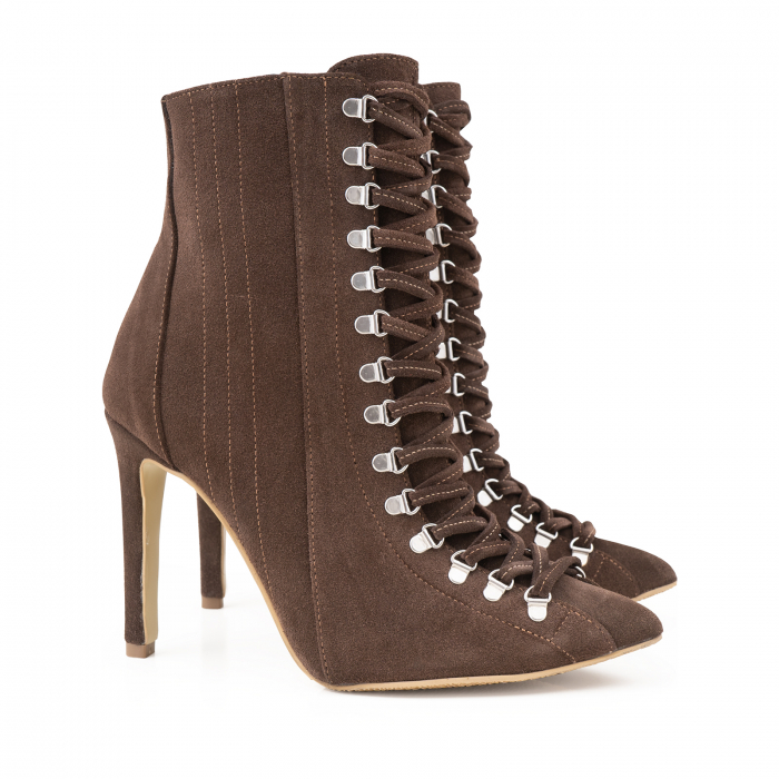 Botine Stiletto cu siret si capse metalice, din piele naturala intoarsa maron cafeniu [2]