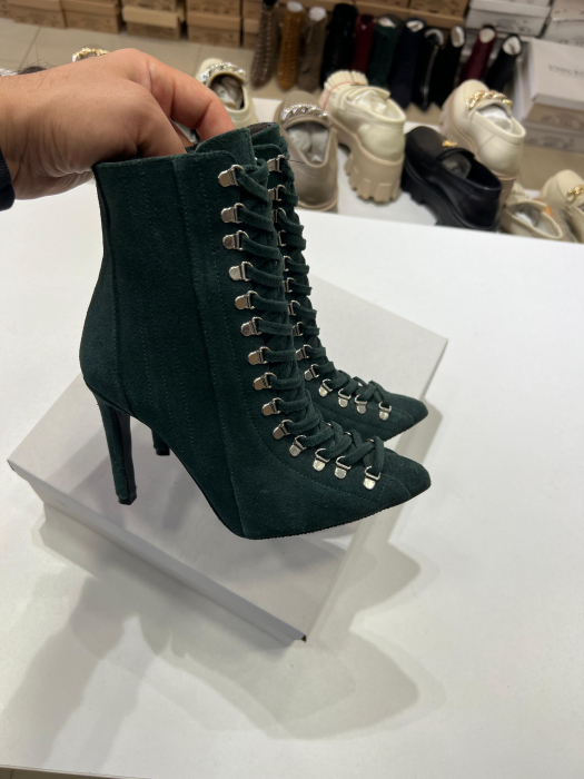 Botine Stiletto cu siret si capse metalice, din piele naturala intoarsa, verde [4]