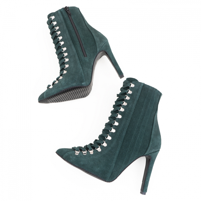 Botine Stiletto cu siret si capse metalice, din piele naturala intoarsa, verde [4]