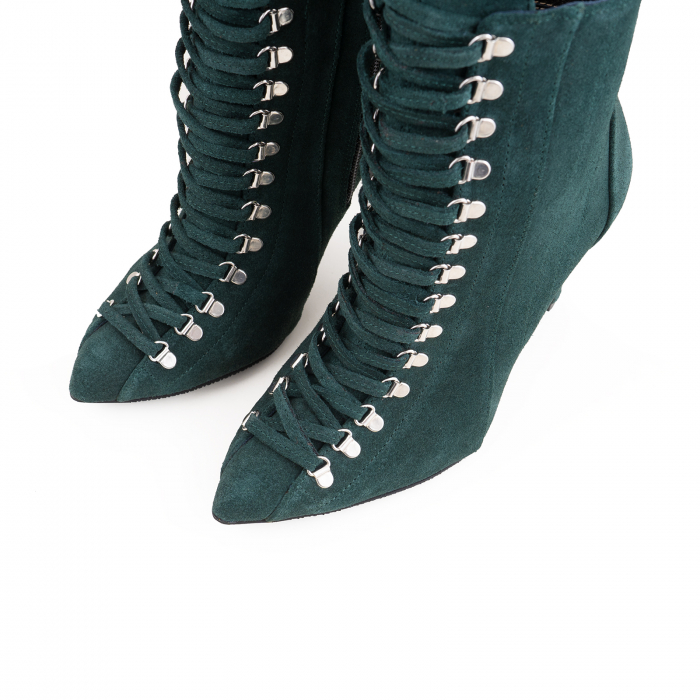 Botine Stiletto cu siret si capse metalice, din piele naturala intoarsa, verde [3]