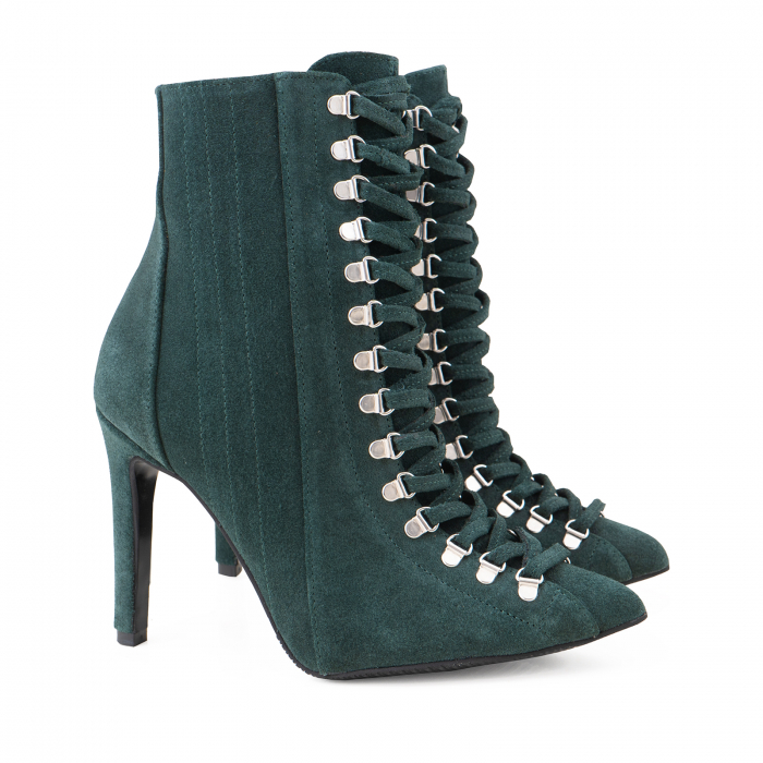 Botine Stiletto cu siret si capse metalice, din piele naturala intoarsa, verde [2]