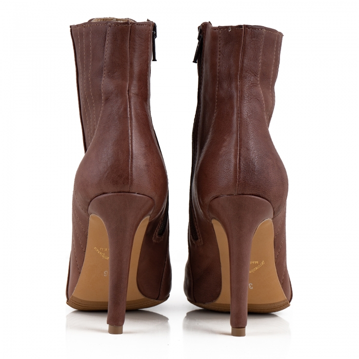 Botine Stiletto cu siret si capse metalice, din piele naturala maron [6]