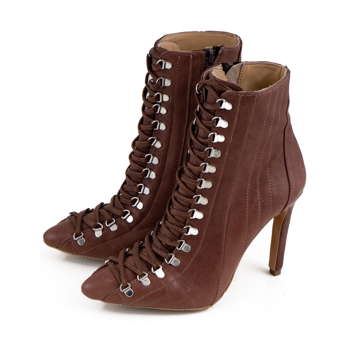 Botine Stiletto cu siret si capse metalice, din piele naturala maron [3]