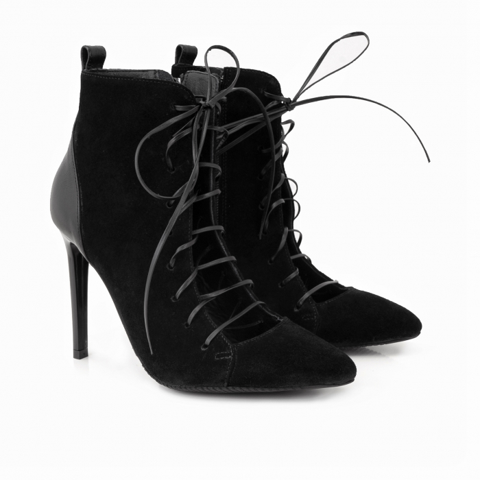 Botine stiletto cu stiret, din piele intoarsa si piele box neagra [2]