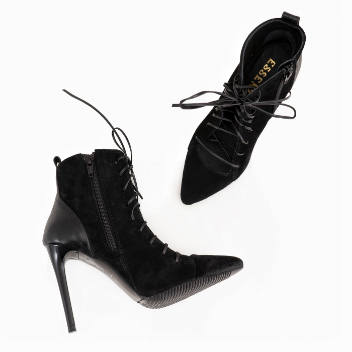 Botine stiletto cu stiret, din piele intoarsa si piele box neagra [3]