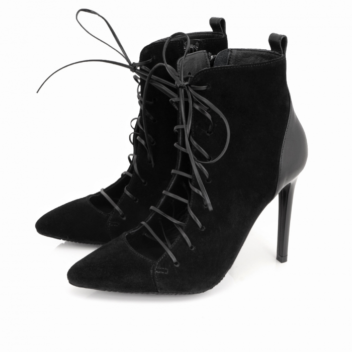 Botine stiletto cu stiret, din piele intoarsa si piele box neagra [4]