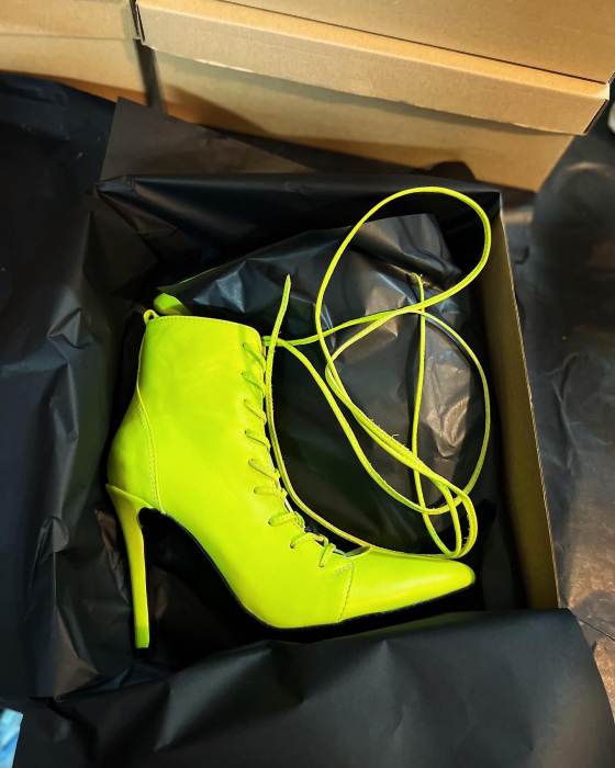 Botine stiletto cu stiret, din piele naturala verde neon [4]