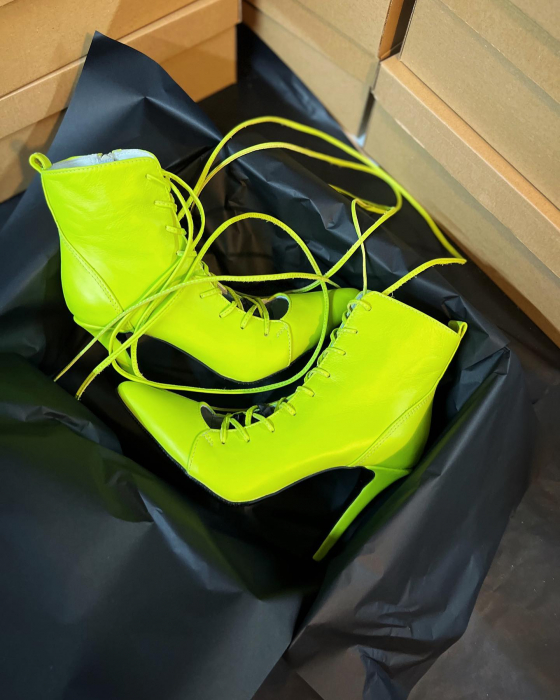 Botine stiletto cu stiret, din piele naturala verde neon [2]