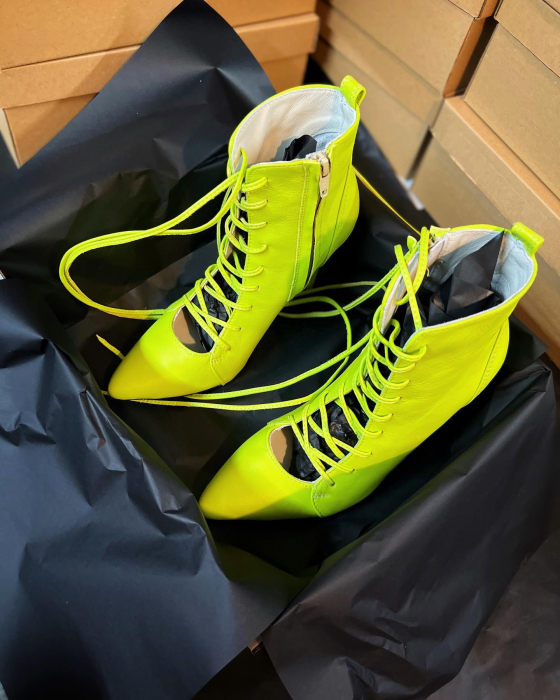 Botine stiletto cu stiret, din piele naturala verde neon [3]