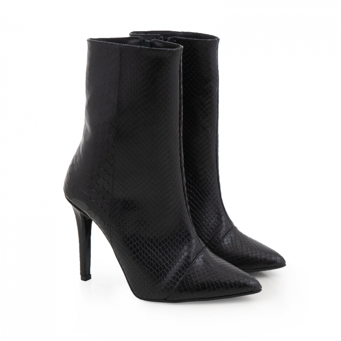 Botine Stiletto din piele naturala neagra, cu textura sarpe [2]