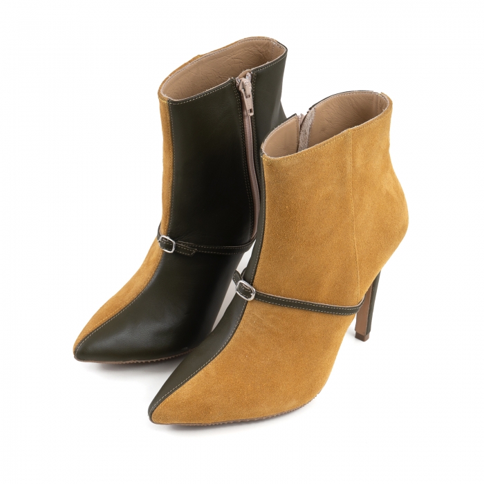 Botine Stiletto din piele intoarsa galben mustar si piele kaki, accesorizate cu bareta si catarama peste rist [2]