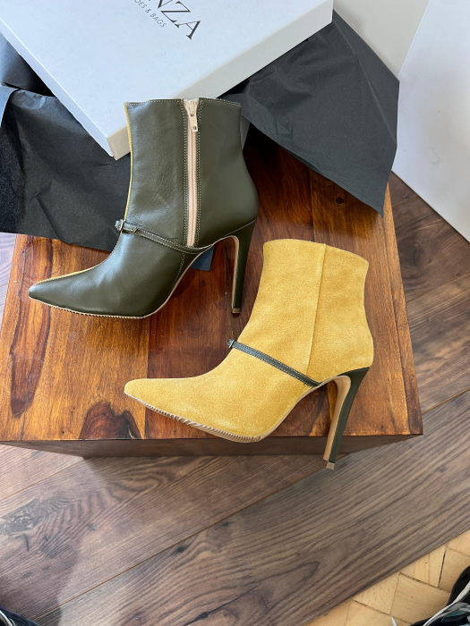 Botine Stiletto din piele intoarsa galben mustar si piele kaki, accesorizate cu bareta si catarama peste rist [3]