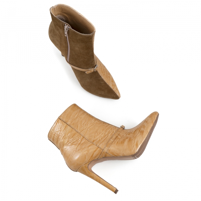 Botine Stiletto din piele intoarsa maron mustar si piele lacuita camel cu umbre [4]