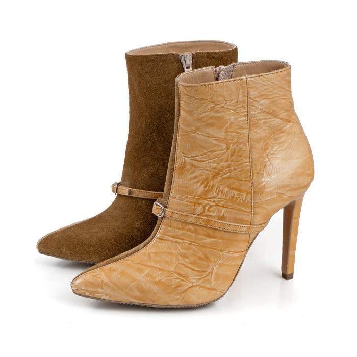 Botine Stiletto din piele intoarsa maron mustar si piele lacuita camel cu umbre [2]