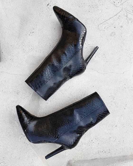 Botine Stiletto din piele naturala neagra, cu textura sarpe [7]