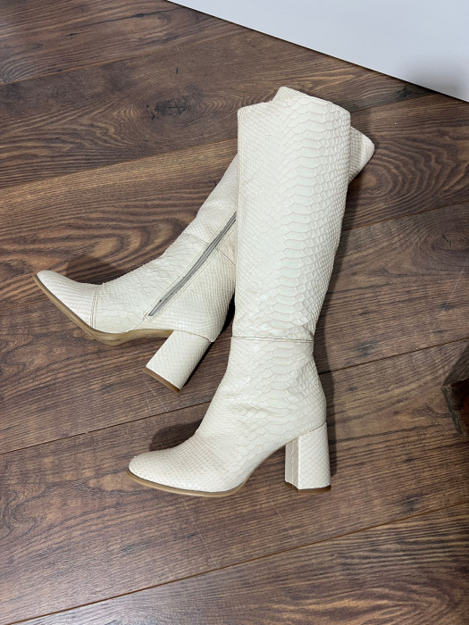 Cizme  din piele naturala crem cu aspect tip sarpe [2]