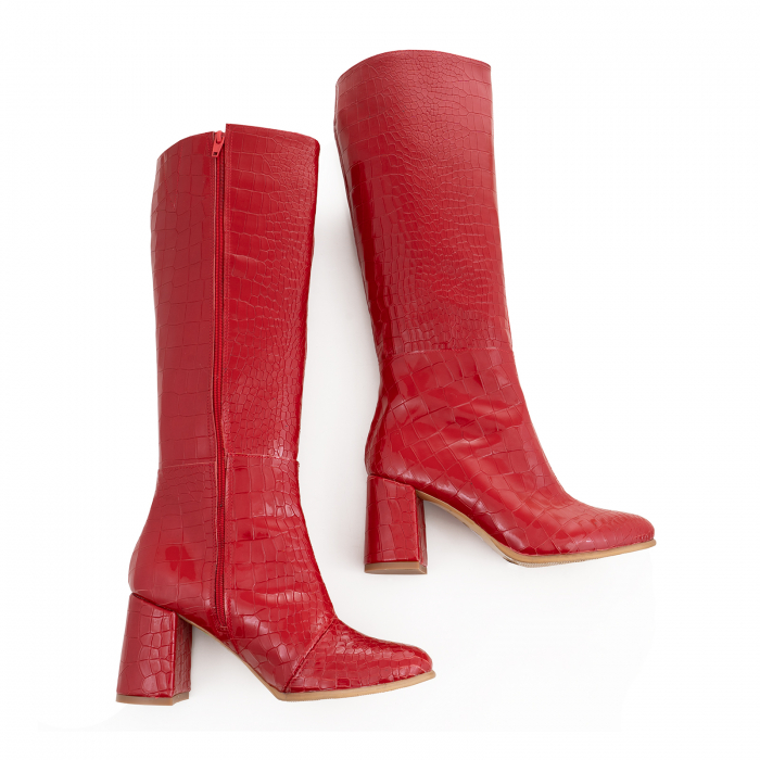Cizme  din piele naturala rosie cu aspect tip croco [4]